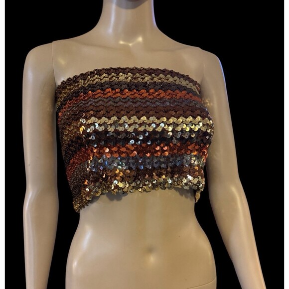 VTG 70s Toppettes By A. Brod Sequins Striped Silver Black Rainbow Disco Tube Top - Picture 2 of 10